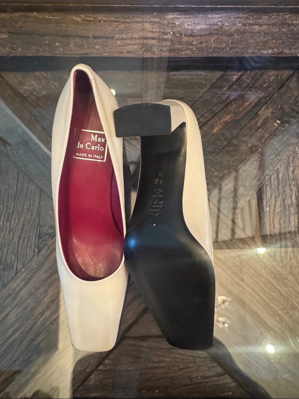Max de Carlo Cream Leather Square-Toe Pumps with Burgundy Insole